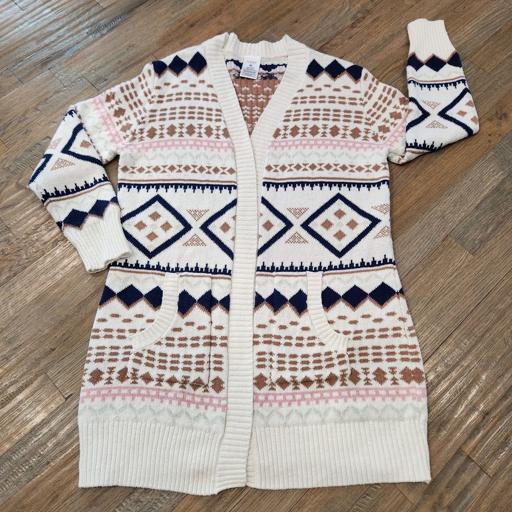SERRA Pink Blue Tan Cream Tribal Aztec Long Sleeve Cardigan Pockets Size Medium - Picture 2 of 8